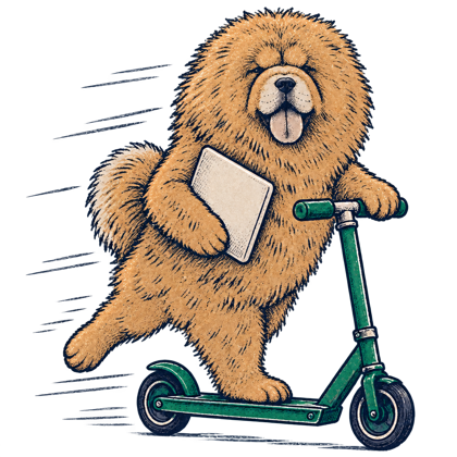 A Chow Chow on a scooter with a laptop