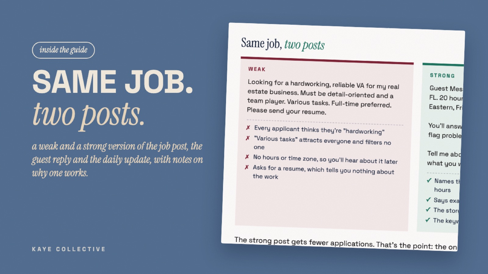 Inside the guide: a weak and a strong job post side by side